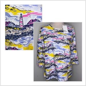 Kim Rogers NEW 3/4 sleeve beach lighthouse pink & blue print tee shirt sz Small